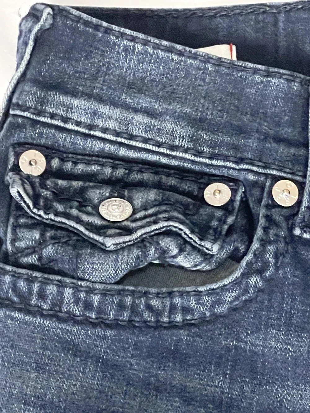 True Religion Geno Relaxed Slim Jeans Mens 35x34 Dark Blue Denim Geno Flap Big T
